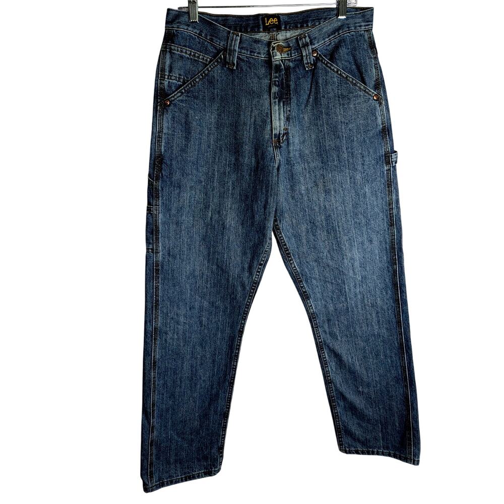 Lee loose fit mens jeans 32x 3 Distressed pant leg both legs at heel Med Weight